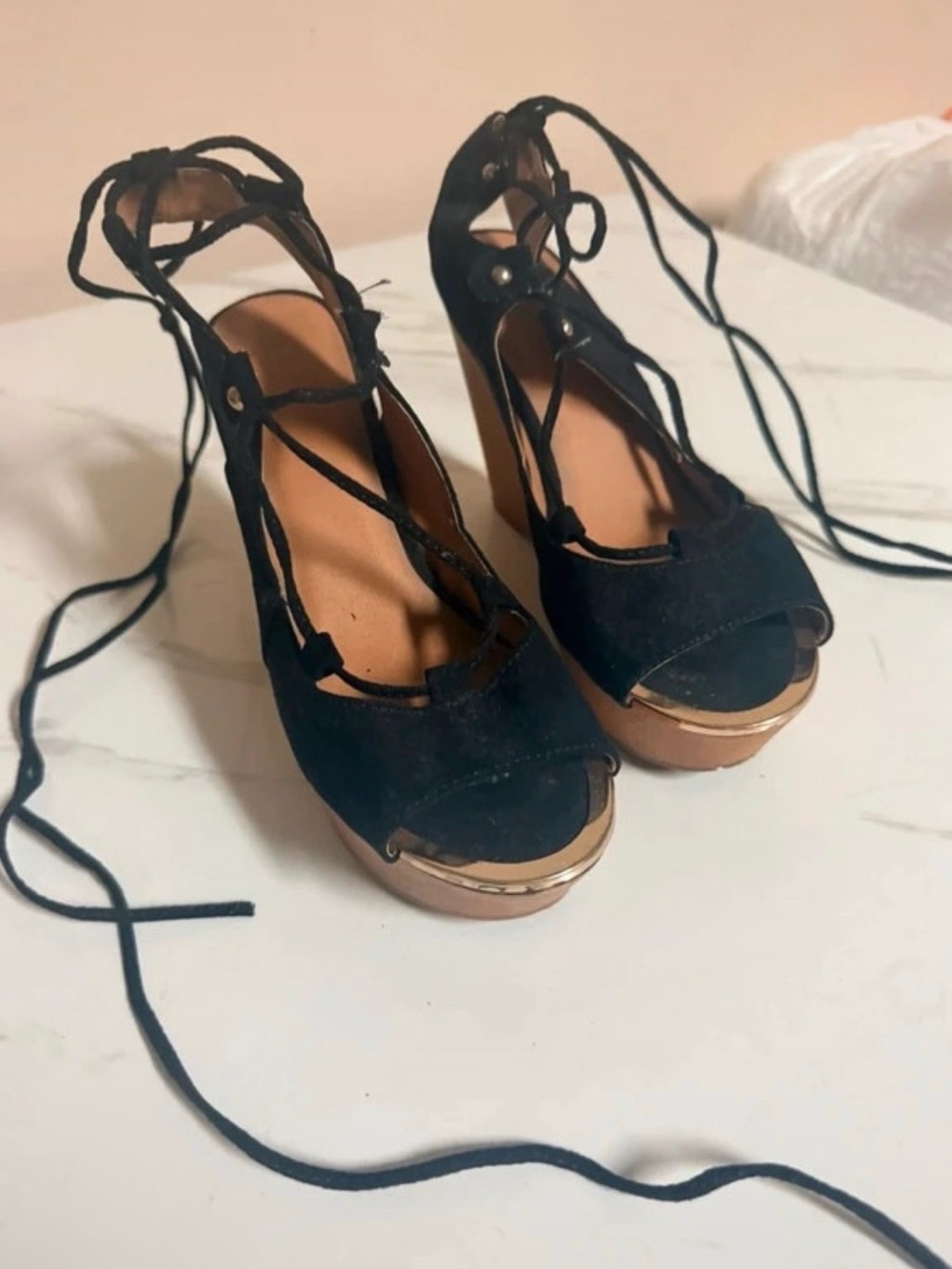 Lace-Up Platform Wedge Sandals - Black